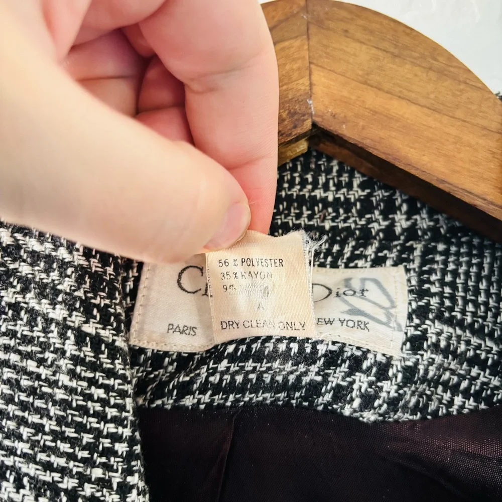 Christian Dior Vintage Skirt Suit‎ Set Size 8 Black White Tweed Plaid Power Suit